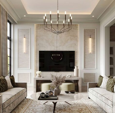 French Wall Molding Living Room, Elegant Tv Room, Neoclassical Tv Wall Design, Wall Molding Living Room Modern, Wall Molding Living Room, Classic Interior Design Living Room, Neoclassical Interior Design, Modern Classic Living Room, Luxury Living Room Decor