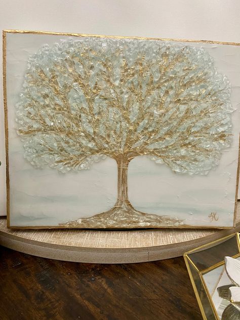 "This tree of life has tons of texture and sparkle! They are created on WOOD squares approximately 6\"x6\", 8\"x8\" or 10\"x10\"... or rectangle in 2 different sizes. If you would like canvas I do have a separate listing for those. Wood pieces are slightly smaller than canvas. They are 1.5\" thick so they are able to stand on their own but, they would also look great on a pretty stand. I also put a hook on the back for hanging. I paint them in gold leaf and accent with crushed glass and cover th Broken Glass Crafts, Glass Tree, Flamingo Art, Gold Tree, Angel Painting, Shattered Glass, Crushed Glass, Block Art, Art Resin