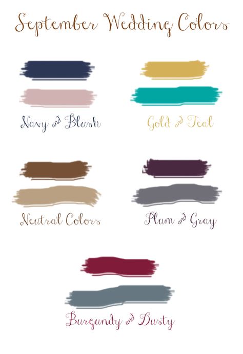 top 5 fall wedding colors for september brides 2015 Wedding Colors For September Weddings, Wedding In September Colors, September Wedding Ideas Color Palettes, End Of September Wedding, September Wedding Colors 2023, September Wedding Colours, Fall Wedding Pallettes Color Schemes, Late Summer Early Fall Wedding Colors, Late September Wedding Colors