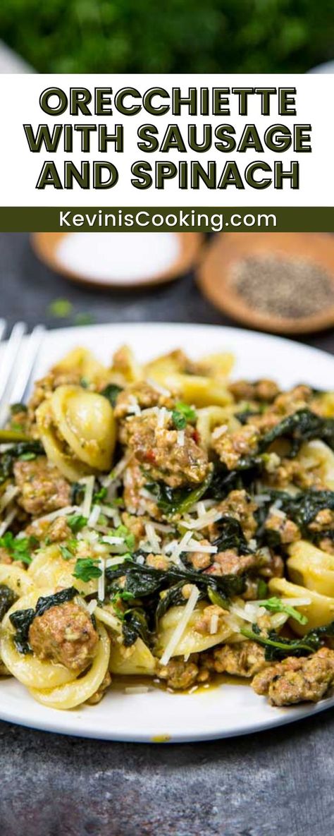 A simple, rustic pasta combined with a spicy sausage and pesto makes for a quick and easy mid-week dinner. What’s even better is this Orecchiette with Sausage and Spinach sneaks in a vegetable like spinach to round out a complete meal. Your kids won’t even know it’s in there. Main Dishes With Spinach, Pesto Sausage Recipes, Sausage And Spinach Recipes For Dinner, Baked Pasta With Sausage And Spinach, One Pot Pasta With Spinach And Tomatoes, Spicy Sausage Spinach Pasta, Chicken Sausage And Spinach Pasta, Oriecchete Pasta Recipes, Sausage And Pesto Pasta