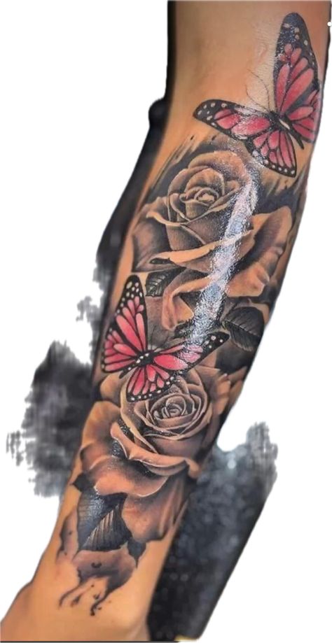 Butterflies Hand Tattoos For Women, Angel Wings And Roses Tattoo, Colored Roses Tattoo, Sleeve Tattoos Roses, Rose And Butterfly Tattoo Forearm, Hand And Arm Tattoos For Women, Foot Tattoo Cover Up Ideas, Tatted Couples, Flower With Butterfly Tattoo