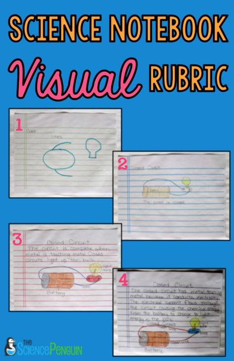 Science Notebook Picture Rubric When words and checklists are not enough, using VISUAL rubrics is perfect!  titles, descriptions, labels, and color are all important applications of knowledge Amplify Science, The Science Penguin, Science Penguin, Middle School Science Experiments, 7th Grade Science, Science Notebook, Science Notebooks, 4th Grade Science, 6th Grade Science