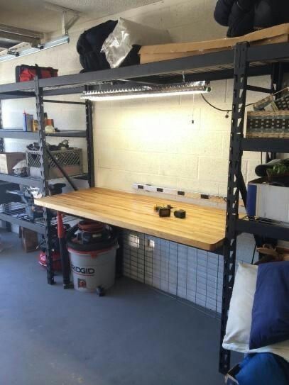 Commercial Shelving, Workbench Top, Garage Organisation, Garage Workshop Organization, Garage Tool Storage, Garage Shed, Garage Work Bench, Diy Garage Storage, Garage Interior