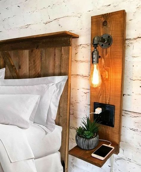 19 Floating Nightstand Ideas - GoTinySpace Diy Nightstand, Rustic Floating Shelves, Rustic Wall Sconces, Wooden Headboard, Estantes Flotantes, Bedroom Night Stands, Rustic Bedroom, Bedroom Makeover, Bedroom Wall