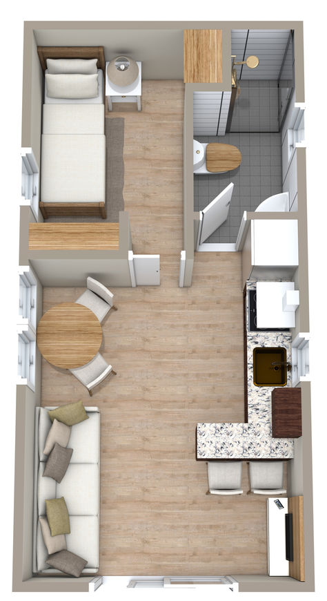 A narrow 3D floor plan of a single bedroom home with an open concept layout. Single Bedroom Layout, 8x10 Bedroom Layout, One Bedroom Layout, One Bedroom House Plans, One Bedroom House, 3d Floor Plan, Bathroom Floor Plans, Bedroom Layout, Open Concept Layout