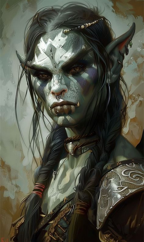 Goblin Art Female, Half Orc Character Design, Dnd Ranger Character Design, Half Orc Dnd, Half Orc Female, Female Half Orc, Female Orc, Npc Ideas, Dnd Npc