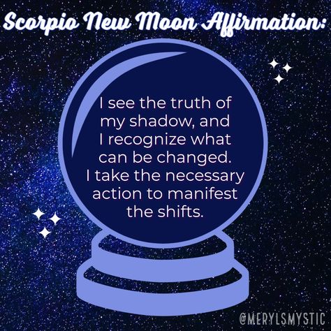 The Moon will become New in Scorpio tomorrow, Thursday, November 4th, at 3:14 pm MDT The affirmation for this moon is: I see the truth of my shadow, and I recognize what can be changed. I take the necessary action to manifest the shifts. #ScorpioSeason #ScorpioNewMoon #NewMoon New Moon In Scorpio 2024, Scorpio New Moon, Moon Affirmations, New Moon In Scorpio, Moon Facts, Moon In Scorpio, Scorpio Zodiac Facts, My Shadow, Healing Magic