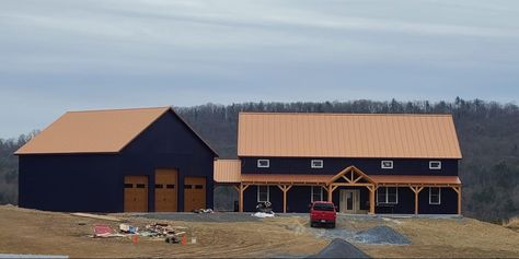 Black And Copper Barndominium, Black House With Copper Roof, Metal Building House Plans, Metal House Plans, Mountain Home Exterior, Steel Building Homes, Barn Homes Floor Plans, Navy And Copper, Metal Building Home