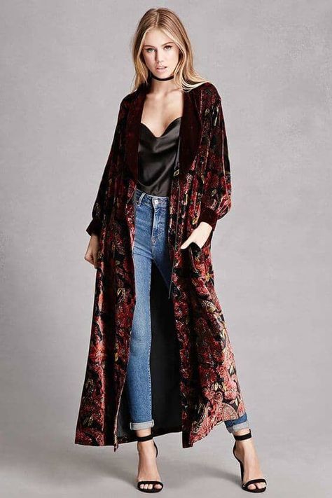 Gothic Inspired Crushed Velvet Vintage Summer Outfits, Kimono Outfits, Kimono Outfit, Stylish Winter Outfits, Mode Abaya, Women Overcoat, Velvet Fashion, Moda Vintage, 가을 패션