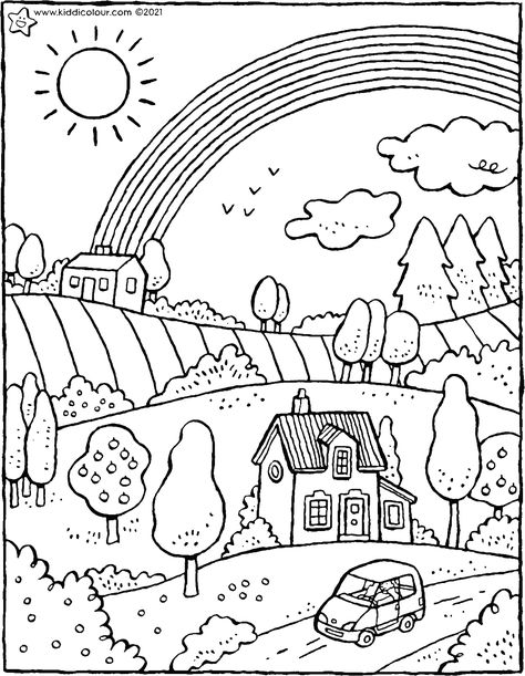 un paisaje con un arcoíris - dibujo - dibujo para colorear - lámina para colorear Colouring Pictures For Kids, Coloring Pages Landscape, Landscape With Rainbow, Landscape Coloring Pages, Drawing Colouring, Colouring Pictures, Rainbow Pictures, Classroom Art Projects, Intuitive Painting