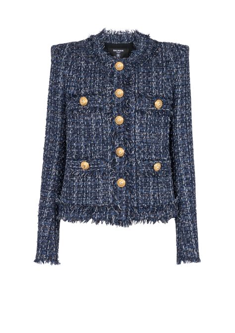 Tweed jacket - Women | BALMAIN Balmain Tweed, Balmain Collection, Womens Tweed Jacket, Button Skirt, Blue Tweed, Straight Leg Denim, Tweed Blazer, Couture Collection, Blue Jacket