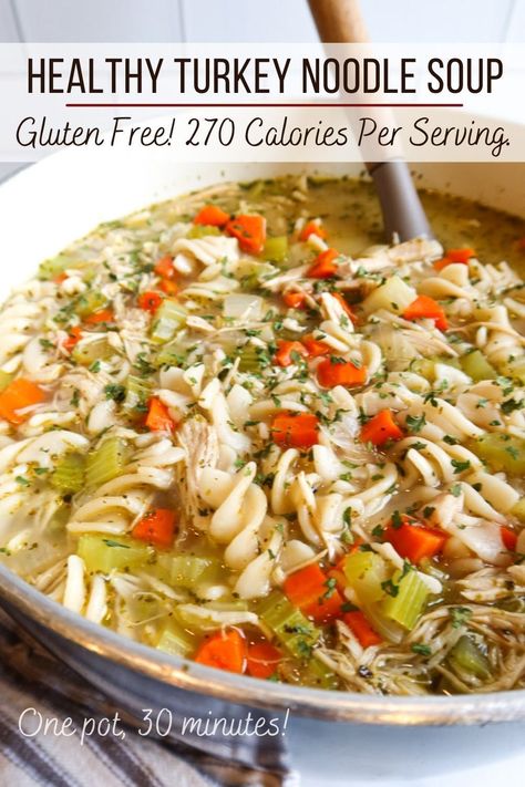 Leftover Thanksgiving Turkey Recipes, Easy Leftover Turkey Recipes, Shredded Turkey Recipes, Recipe For Turkey, Leftover Turkey Soup, Turkey Noodle Soup, Mediterranean Diet Food List, Dairy Free Recipe, Healthy One Pot Meals