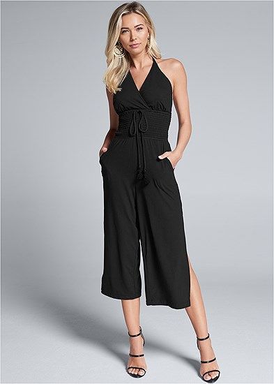 Tassel Halter Jumpsuit Halter Top Jumpsuit, Black Halter Jumpsuit, Statement Skirt, Halter Jumpsuit, Plunging Neck, One Piece Suit, Halter Style, Wide Legs, Fashion Sale