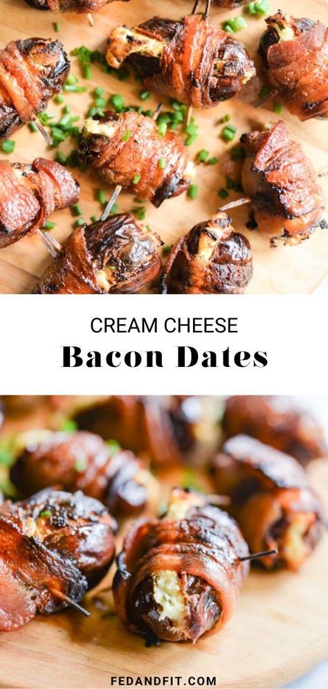 Dates With Cream Cheese, Bacon Wrapped Stuffed Dates, Bacon Dates, Bacon Party, Wrapped Dates, Healthy Christmas Recipes, Paleo Appetizers, Stuffed Dates, Bacon Wrapped Dates