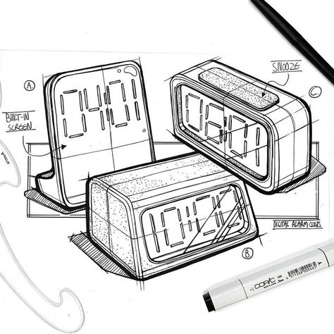 Digital Clock Illustration, Digital Clock Drawing, Alarm Clock Tattoo, Exploded View Sketch, Alarm Clock Drawing, Industrial Design Drawing, Product Sketching, Clock Drawing, Alarm Clock Design