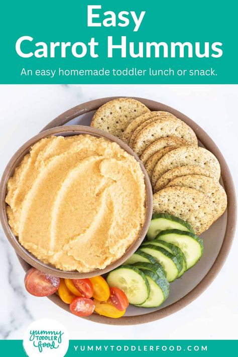 Easy Carrot Hummus Baby Hummus, Carrot Hummus Recipe, Meal Prep Snacks Healthy, Blw Ideas, Hummus Snack, Easy Toddler Lunches, Carrot Hummus, Pita Crackers, Carrot Dip