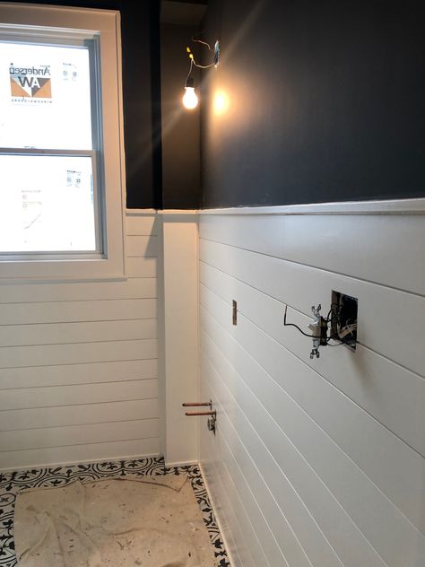 Shiplap in Benjamin Moore Simply White.  Walls Benjamin Moore Wrought Iron.  So happy! White Shiplap With Black Walls, Wrought Iron Benjamin Moore Bathroom, Benjamin Moore Simply White Walls, Simply White Walls, Benjamin Moore Simply White, Benjamin Moore Bathroom, Benjamin Moore Wrought Iron, Bathroom Downstairs, Basement Reno