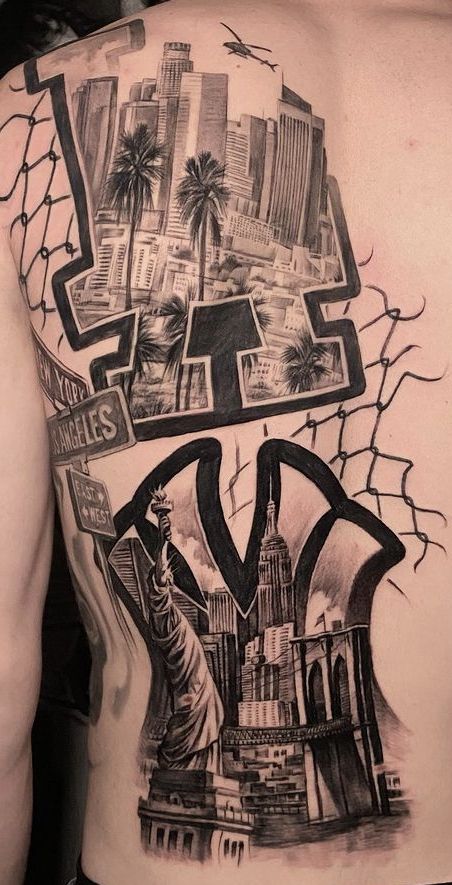 Los Angeles Sleeve Tattoo, The World Is Yours Blimp Tattoo, City Of Angels Tattoo, New York Tattoo Ideas For Men, Miami Tattoo Ideas Men, Cr7 Tattoo Design, Black And Grey Tattoos Sleeve Men, Bronx Tattoo Ideas, La City Tattoo