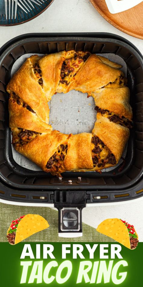 Air Fryer Taco Ring is made with seasoned meat, cheese, and crescent rolls. This dish is a fun substitute for taco night that everyone will love! Air Fryer Football Recipes, Pillsbury Crescent Recipes Air Fryer, Hamburger Meat And Crescent Rolls, Airfryer Crescent Roll Recipes, Air Fryer Crescent Roll Recipes, Ground Beef Air Fryer Recipes, Taco Ring With Crescent Rolls, Air Fryer Ground Beef Recipes, Air Fryer Crescent Rolls