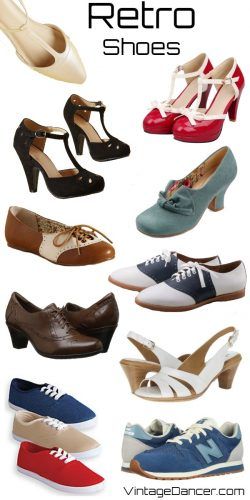 Retro shoes - retro heels, flats, oxfords, sandals, sneakers at VintageDancer 1950s Casual Shoes, 50’s Shoes, 1950 Shoes, 1950s Womens Shoes, Twee Fashion, Vintage Capsule Wardrobe, 50s Shoes, Retro Shoes Outfit, Heels And Sneakers