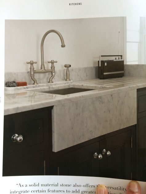 Great way to have the marble sink look on island - marble facade with drop in stainless steel sink. Also better for food disposal unit Stone Apron Sink, Marble Front Kitchen Sink, Marble Sink Apron, Marble Farmhouse Sink, Stone Front Sink, Marble Apron Front Kitchen Sink, Marble Sink Kitchen, Marble Facade, Green Kitchen Interior