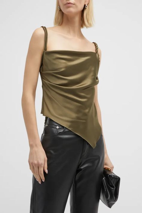 T3LZV Nanushka Stina Satin Draped Crop Top with Self-Tie Back Satin Blouse Outfit, Adjustable Knot, Pink Bodycon Dresses, Scoop Neck Tank Top, Night Out Outfit, Handkerchief Hem, Braided Strap, Satin Top, Dark Khaki