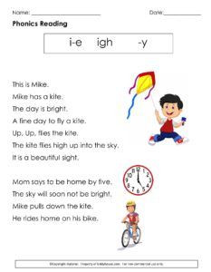 Free phonics reading printable worksheet to practice reading the long vowel "i" sound, the "igh" sound and the "-y" sound. Alternative Sounds Phonics Activities, Igh Ie Y Activities, Long I Worksheets Free, Reading Long Vowels, Long I Story Reading, Long I Sound Worksheets, Long I Words Worksheets, Igh Sound Worksheet, Igh Words Worksheets