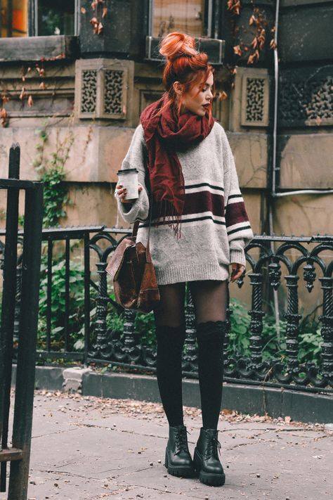 Grey striped oversized sweater+black tights+black socks+black lace-up boots+burgundy scarf+cognac shoudler bag. Fall Casual / Weekday Outfit 2018 Oversized Lace Sweater, Oversize Sweater Dress, Oversized Sweater With Tights, Oversized Sweater And Tights Outfit, Chunky Sock Boots Outfit, Tights And Sweater Outfit, Fall Oversized Sweater Outfits, Lace Up Boots Outfit How To Wear, Chunky Lace Up Boots Outfit