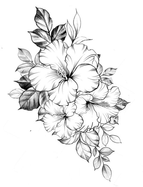 Hawaiian Flower Tattoos On Thigh, Hawaiian Floral Tattoo Design, Hibiscus Hip Tattoos Women, Hibiscus Tattoo Drawing, Hibiscus Flower Tattoos On Thigh, Hibiscus Flower Drawing Tattoo Ideas, Tropical Tattoo Design, Hibiscus Thigh Tattoo, Hibiscus Back Tattoo