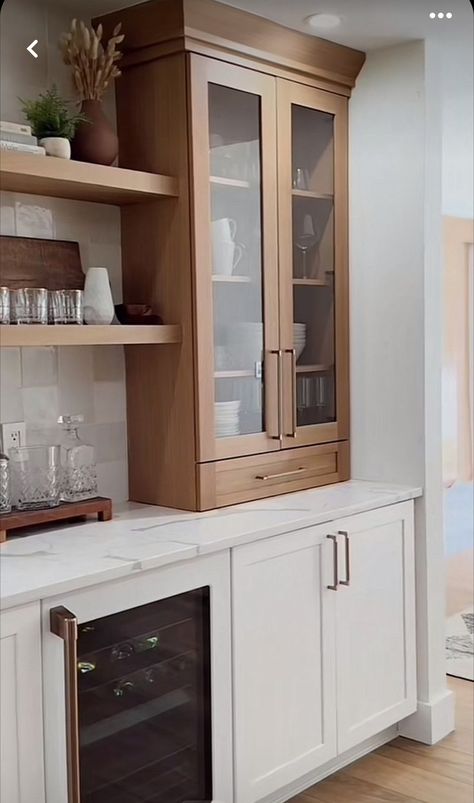 Side Wall Cabinet Kitchen, Tall Cabinet On Kitchen Counter, Kitchen And Wet Bar Combo, Ikea Wet Bar Cabinet Hack, Kitchen With Some Glass Cabinets, Curved End Kitchen Cabinet, Wet Bar Glass Shelves, Kitchen Cabinet Bookshelf, Scandinavian Kitchen White Cabinets