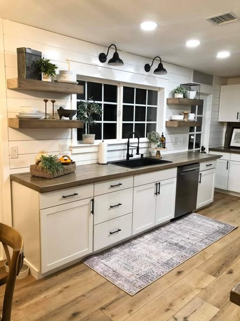 Cozy Backsplash Ideas, Shiplap Kitchen Backsplash Ideas, Mobile Renovations, Rental Makeover, Kitchen Rehab, Shiplap Kitchen, Remodeling House, Small Farmhouse Kitchen, Cabin Remodel