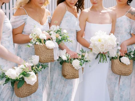 Trend Alert! Bridesmaid Basket Bouquets | OneFabDay.com Bridesmaid Basket, Blue Blush Wedding, Bridesmaid Bouquet Alternatives, Bridesmaid Baskets, Alternative Bridesmaid, Romantic Garden Party, Basket Bouquet, Bridesmaid Purses, Bouquet Alternative