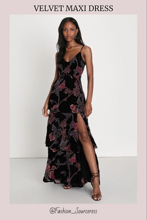 Black Velvet Floral Dress, Black V-neck Floral Dress For Beach, Outdoor Wedding Guest Dresses, Fancy Maxi Dress, Holiday Formal Dresses, Black Wedding Guest Dresses, Urban Outfitters Black Floral Print Dress, Burnout Velvet Dress, Fitted Floral Print V-neck Maternity Dress