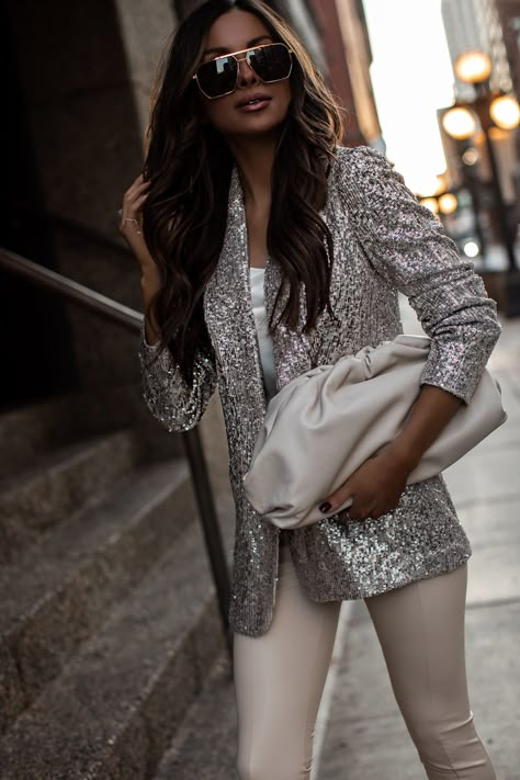 fashion blogger wearing a silver sequin blazer outfit from express for holiday. head to my blog for more party outfit ideas for the festive season. #womensfashion #style #outfits Silver Sequin Outfit Ideas, Silver Glitter Blazer Outfit, Silver Outfit Women, Sparkle Jacket Outfit, Blazer Sequin Outfit, Silver Blazer Outfit Women, How To Style A Sequin Blazer, Silver Sequin Jacket Outfit, Silver Top Outfit Party