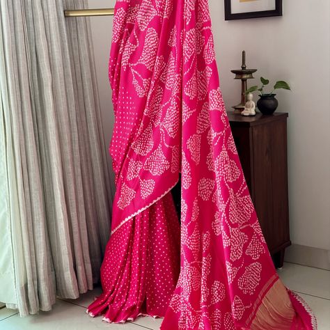 PRICE INR 13,500 Stylish pure gajji silk half n half bandhani saree Base Colour: Shade of Raspberry Pink The saree comes with the blouse piece. [stylish saree, any event saree, bandhani saree, Kapaaskatha, style with silver, flower pattern bandhani] For details and purchase options please dm us directly or WhatsApp on +91 89209 18425 . . Please note there may be variations in colors due to photography lights and the device used for viewing. This piece has hand tied bandhani and dyed manuall... Gajji Silk Bandhani Saree, Saree Bandhani, Stylish Saree, Bandhani Saree, Raspberry Pink, Stylish Sarees, Light Photography, Blouse Piece, Flower Pattern