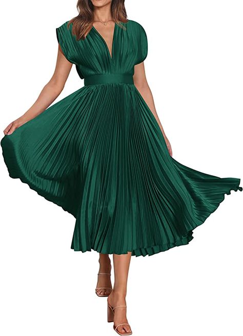 MASCOMODA Elegant Satin V Neck Pleated Midi Dress Short Sleeve Formal High Waisted Flowy Long Summer Dresses for Women 2023 (Dark Green, XX-Large) at Amazon Women’s Clothing store Pleated Dress Midi, Elegant Green Dresses, Midi Dress Short Sleeve, Long Flowy Dress, Green Satin Dress, Dress With Pleats, Midi Dress Formal, Theme Dress, Elegant Dresses For Women