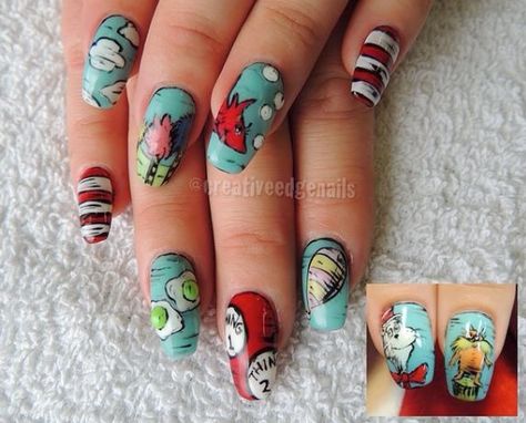 Week 4 See You on the Backside challenge sponsored by Minx asked our Top 9 to create a set of nails that show us an equally artistic design on the front and the back. We passed the challenge to you… Dr Seuss Nails, Dr Seuss Hat, Dr Seuss Crafts, America Nails, Nails 2016, Dr. Seuss, Gelish Nails, Cat Cartoon, Top Nail