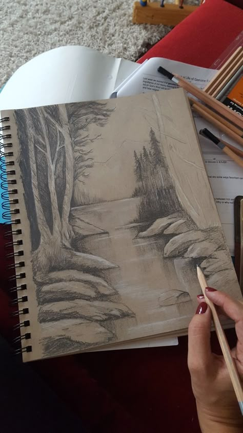 Nature Shading Drawing, River Sketch Simple, River Pencil Drawing, River Drawing Pencil, How To Draw A River, River Drawing Simple, River Landscape Drawing, River Sketch, Scenery Drawing Pencil