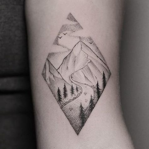 A winding mountain road by Hannah Nova Dudley (IG— hannah_novart). #dotwork #HannahNovaDudley #landscapes #miniature #mountain #pristine #road Mountain Path Tattoo, Vertical Mountain Tattoo, Valley Tattoo Mountain, Peaks And Valleys Tattoo, Winding Road Tattoo, Banff Tattoo Ideas, Rivers And Roads Tattoo, Mountain Road Tattoo, Mountain And Valley Tattoo