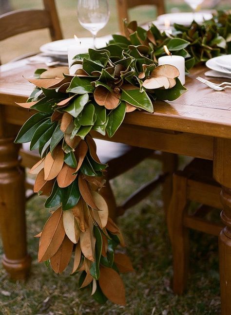 Magnolia leaves table runner. So in right now! Christmas Crafts Diy Kids, Magnolia Leaf Garland, Diy Snowman Decorations, Magnolia Garland, Christmas Lights Outside, Holiday Wreaths Diy, 13 November, Thanksgiving Decorations Diy, Christmas Crafts For Adults