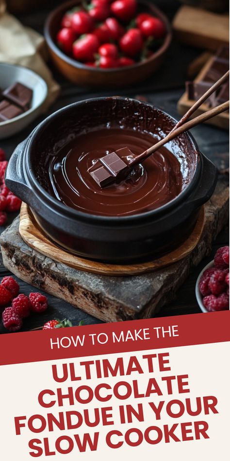 Elevate your dessert game with this slow cooker chocolate fondue recipe. Perfect for your slow cooker recipes collection, this guide will help you create a rich and creamy fondue experience at home. Save this pin and click to discover the full recipe and detailed instructions. Enjoy a delicious and fun treat that's easy to make and perfect for any occasion. Chocolate Fondue Recipe For Fondue Pot, Crock Pot Chocolate Fondue, Choc Fondue Recipe, Fondue Recipes Dessert, Crockpot Fondue Chocolate, Best Chocolate Fondue Recipe, What To Dip In Chocolate Fondue, Fondue In Crockpot, Chocolate Fondue Charcuterie Board