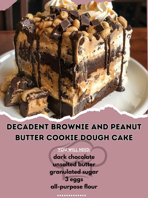 🍫🥜 Indulge in the ultimate treat: Decadent Brownie and Peanut Butter Cookie Dough Cake. Layers of sheer bliss! #DessertHeaven #BakingMagic Decadent Brownie and Peanut Butter Cookie Dough Cake Recipe 🍰 Ingredients: Brownie Layer: 200g dark chocolate, chopped 175g unsalted butter 250g granulated sugar 3 eggs 95g all-purpose flour Cookie Dough Layer: 150g unsalted butter, softened 75g granulated sugar 75g brown sugar 125g peanut butter 5ml vanilla extract 160g all-purpose flour 2g salt 100g m... Cookie Dough Brownie Cake, Fridge Chocolate, Cookie Dough Cake Recipe, Brownie Layer Cake, Cookie Dough Cake, Butter Cookie Dough, Cookie Dough Brownies, Peanut Butter Cookie Dough, No Flour Cookies