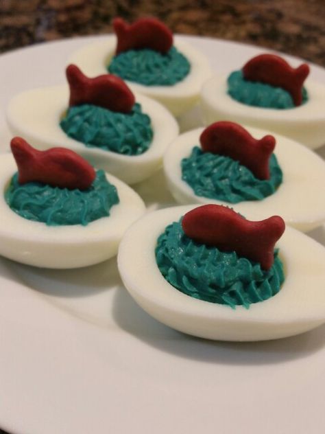 Deviled eggs for "Under the Sea", ocean or nautical themed baby shower :-) Under The Sea Deviled Eggs, Baby Shark Baby Shower Ideas, Under The Sea Bridal Shower Ideas, Two Less Fish In The Sea Shower Ideas, Ocean Themed Baby Shower Ideas Girl, Fishing Themed Baby Shower Ideas, Fish Baby Shower Ideas, Under The Sea 1st Birthday Boy, Fish Baby Shower Theme