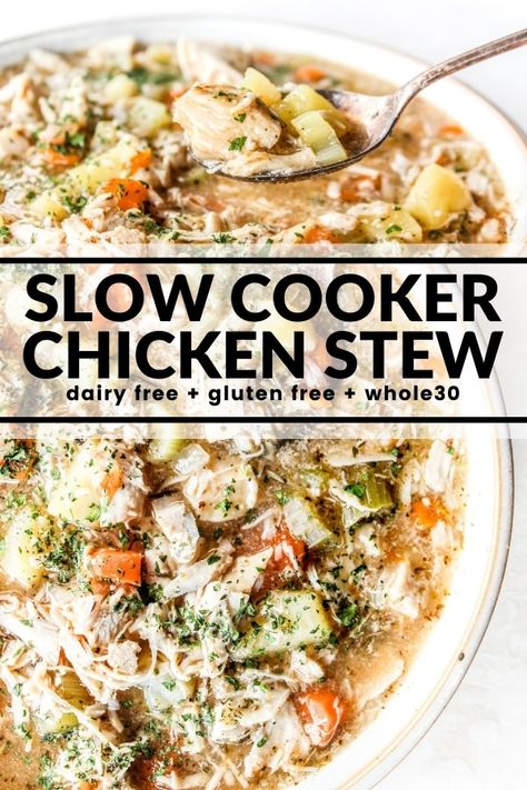 Paleo Chicken Soup Crockpot, Hearty Dairy Free Soups, Stew Chicken Crockpot, Gluten Free Crockpot Meals, Crockpot Whole 30, Paleo Slow Cooker Chicken, Hashimotos Recipes, Gluten Free Slow Cooker Recipes, Gf Dinners