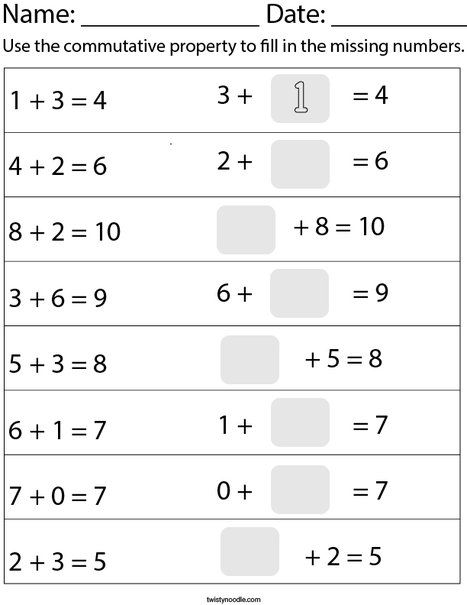 Commutative Property Math Worksheet - Twisty Noodle Commutative Property Of Addition Grade 1, Rhyming Words For Kids, Commutative Property Of Addition, Math Properties, Associative Property, Phonics Reading Passages, Commutative Property, Fun Math Worksheets, Elementary Worksheets