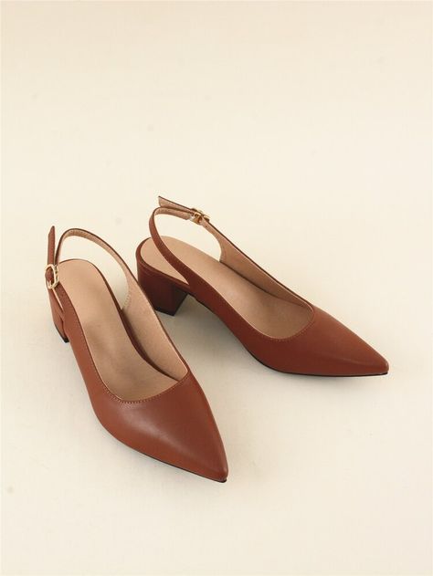 Point Toe Chunky Heeled Slingback Pumps | SHEIN USA Matching Couple Outfits, Brown Shoes, Ankle Strap Pumps, Couple Outfits, Brown Shoe, Shoe Obsession, Slingback Pump, Fashion Online Shop, Women's Pumps