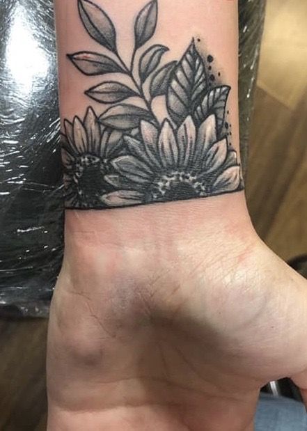 Boho Cover Up Tattoo, Flower Wrist Tattoos For Women Cover Up, Small Wrist Tattoos Cover Up, Black Flower Wrist Tattoo, Armband Tattoo Cover Up, Sunflower Wrist Tattoo Coverup, Flower Cover Up Tattoo Wrist, Wrist Name Coverup Tattoos, Forearm Tattoo Women Inner Coverup