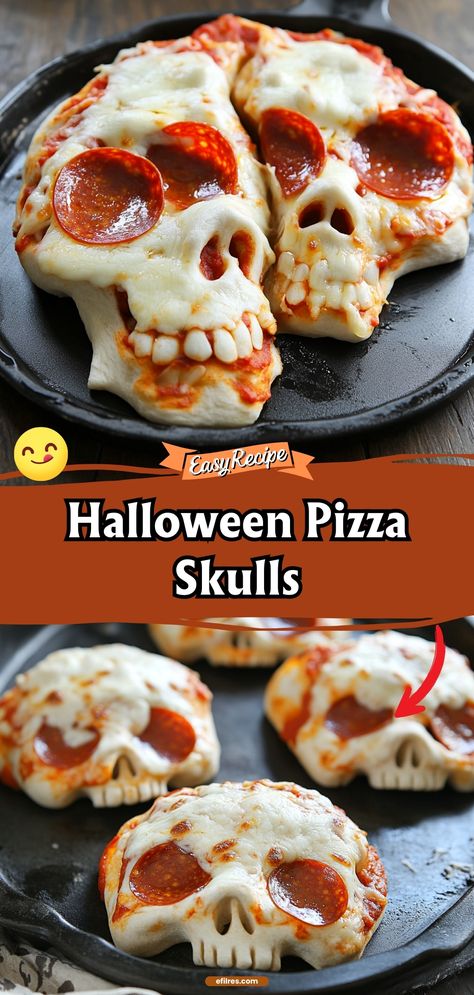 These Halloween pizza skulls are not just spooky but delicious too, filled with gooey cheese and your favorite toppings, enclosed in a crispy crust. #HalloweenPizza #SpookySnacks #PartyFood Halloween Appetizers Pizza, Halloween Party Food Pizza, Halloween Pulled Pork Ideas, Halloween Pizza Party Ideas, Halloween Fruit Pizza Ideas, Halloween Quick Dinner, Halloween Skull Pizza, Halloween Skull Pizzas, Halloween Fruit Pizza Sugar Cookie