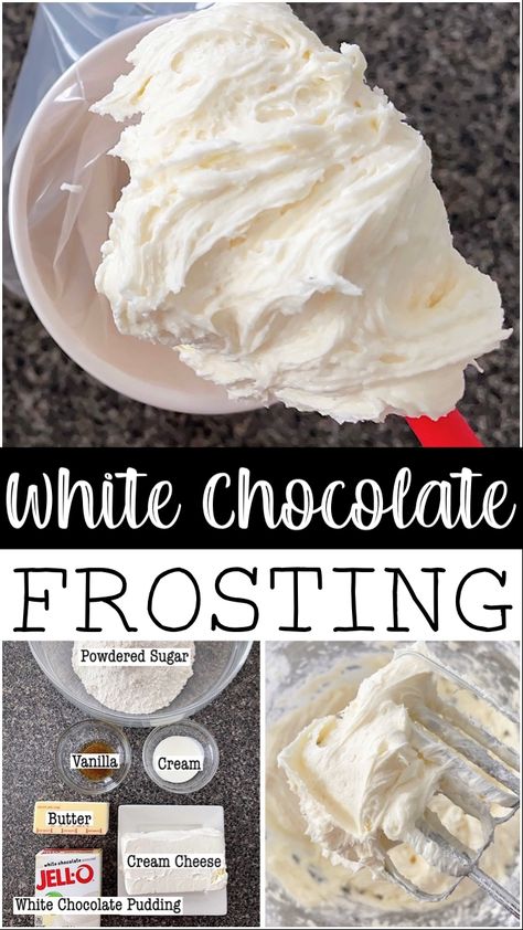 Icing Made With Pudding, Bakery Style Buttercream Frosting Recipe, White Chocolate Frosting Recipe, Best Chocolate Icing, White Chocolate Ganache Frosting, White Frosting Recipes, White Chocolate Buttercream Frosting, White Chocolate Icing, Chocolate Frosting Recipe