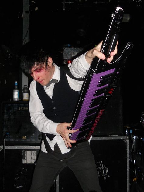 Owen of The Birthday Massacre Keytar Pose Reference, Keytar Pose, Keytar Aesthetic, Instrument Reference, Band Sketch, Big Lizard, Powered Bicycle, Goth Bands, Jazz Poster